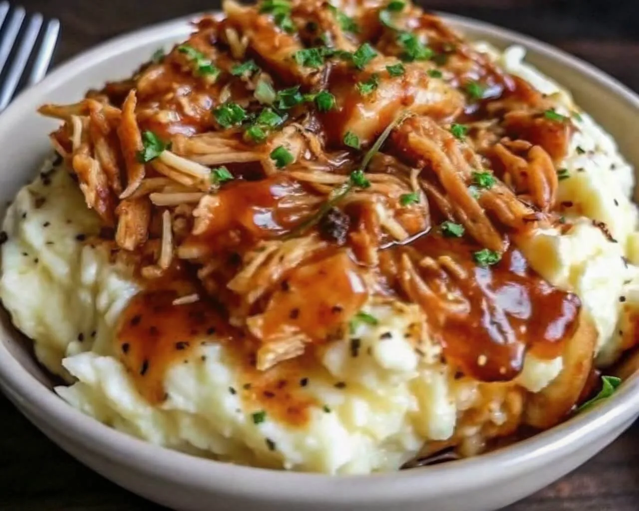 Close up of pulled pork or shredded chicken over creamy mashed potatoes with savory gravy.