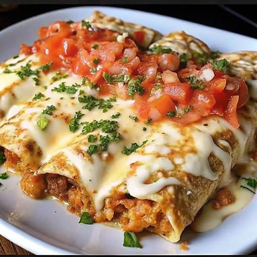 Extreme close-up of a cut enchilada showing the savory meat filling and thick melted cheese topping with fresh parsley.