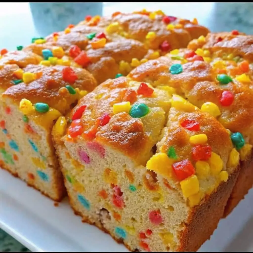 Two golden brown candy explosion funfetti loaves side by side on a serving platter.