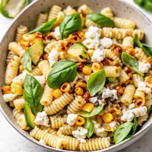 Overhead view of a large bowl filled with summer rotini pasta salad mixed with corn, feta, and fresh basil.