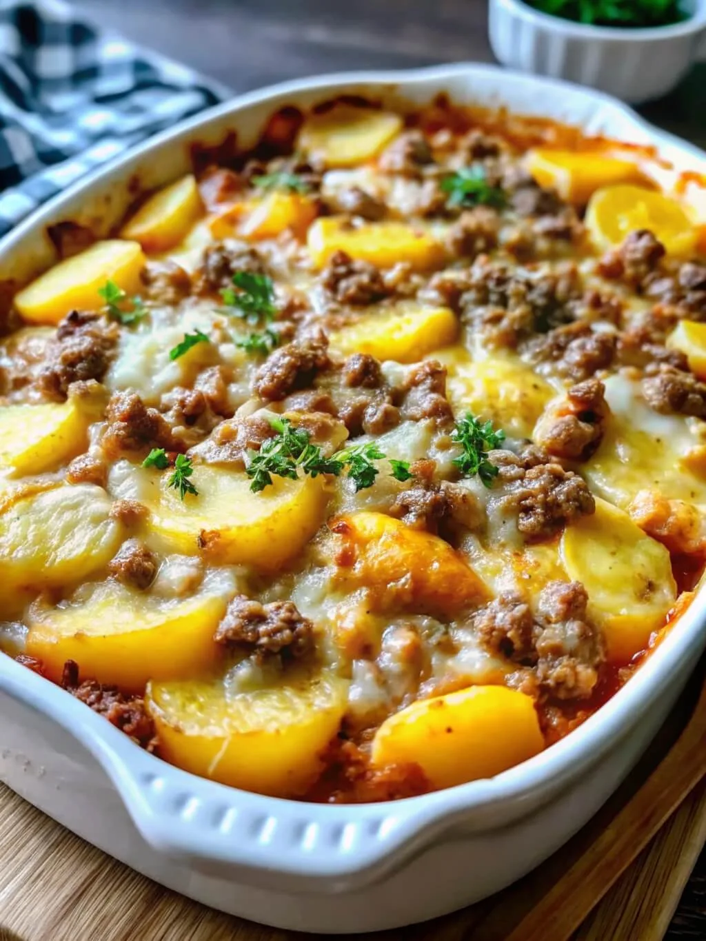 Close up of a baked ground beef hotpot with potato slices and melted cheese bubbling through the top.
