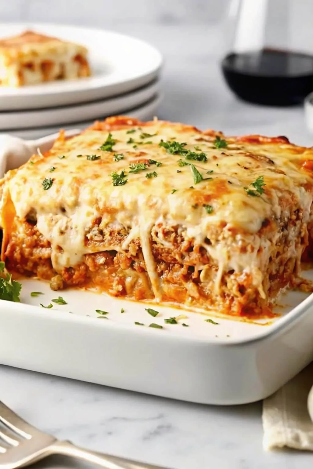 A square slice of layered meat lasagna with melted white cheese served in a white square ceramic baking dish.