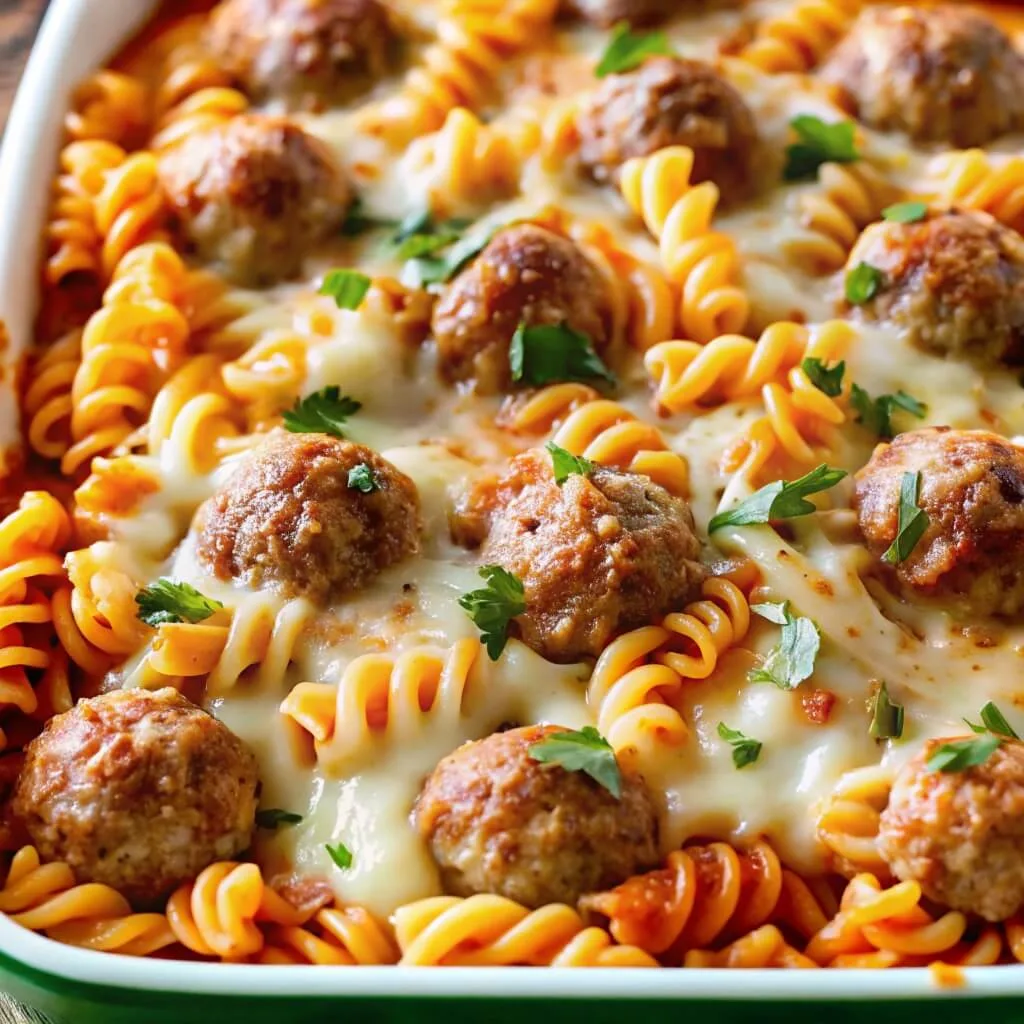 Angled macro shot of a cheesy meatball pasta bake casserole showcasing saucy rotini noodles and melted cheese layers.
