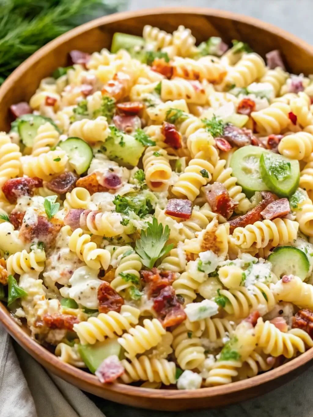 Overhead view of a large wooden bowl filled with a loaded cucumber bacon pasta salad and fresh parsley garnish.