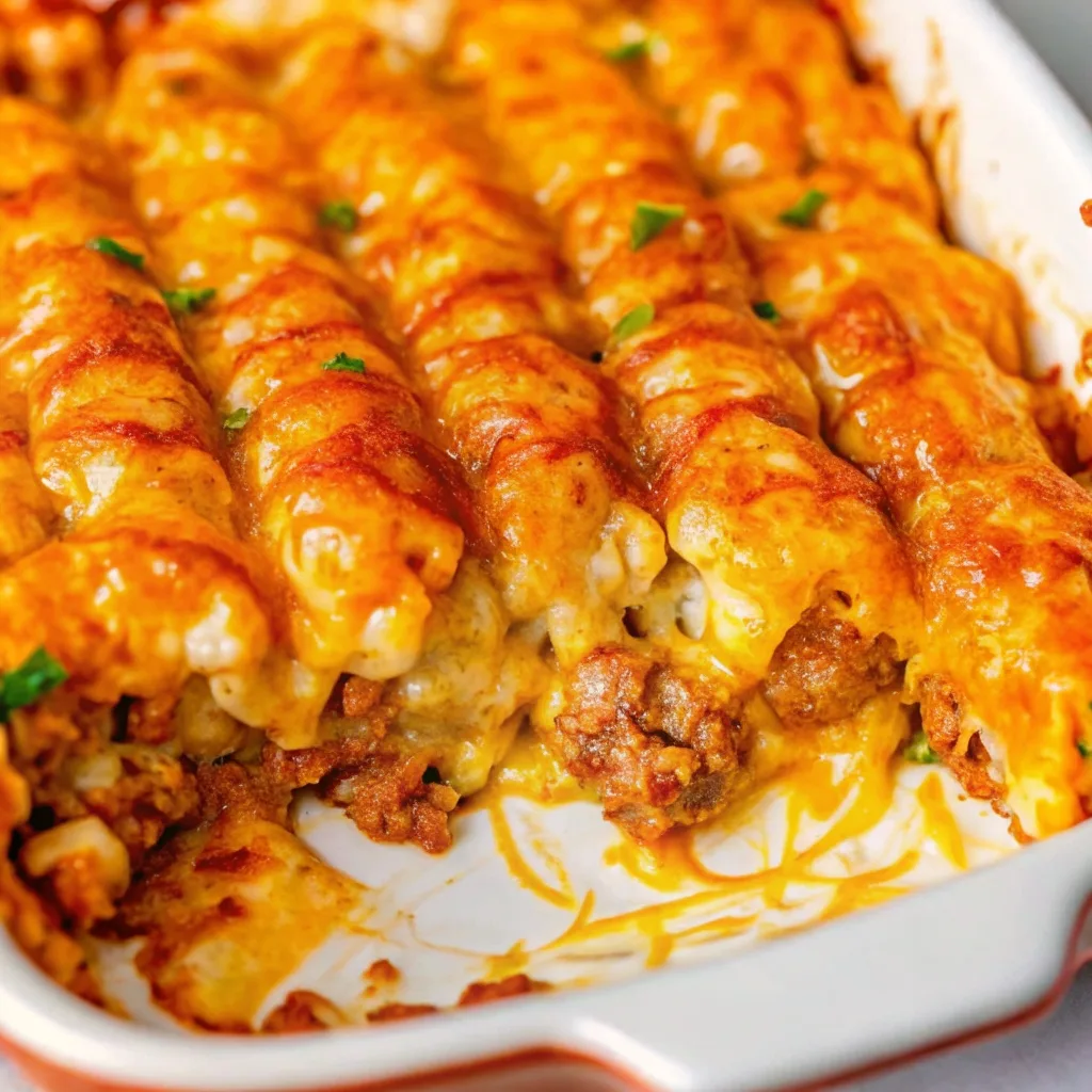 Close up of a cheesy cowboy casserole with beef logs or rolled enchiladas smothered in melted cheddar cheese.
