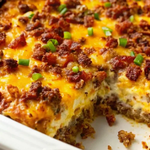 Cheesy ground beef casserole in a white baking dish with a portion removed showing the inside layers and green onion garnish.
