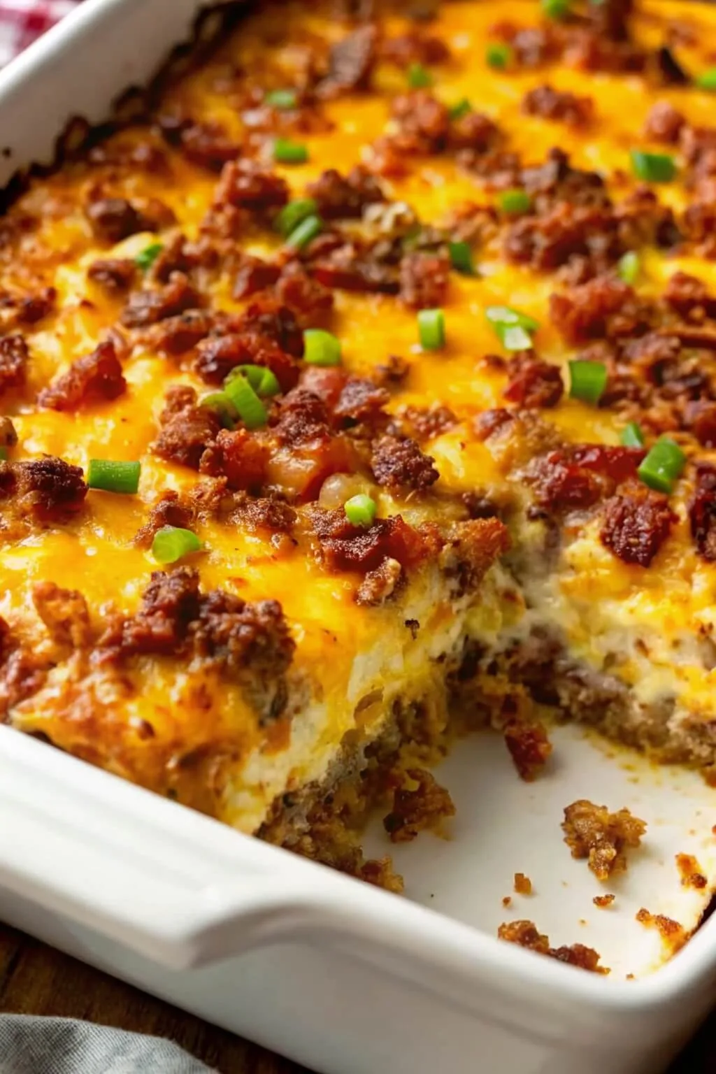 Cheesy ground beef casserole in a white baking dish with a portion removed showing the inside layers and green onion garnish.