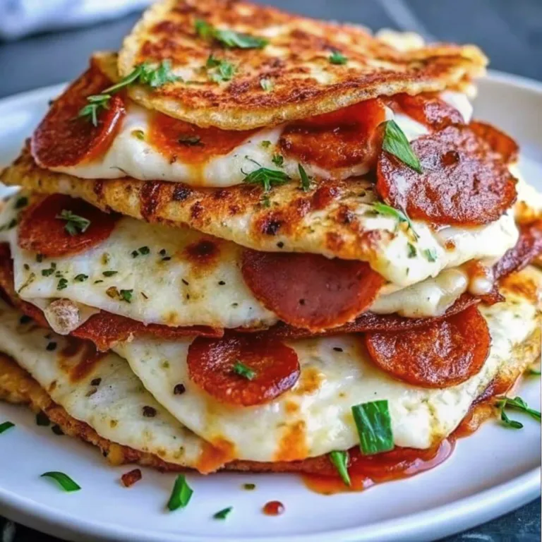 A tall stack of layered pepperoni pizza quesadillas filled with melted mozzarella and marinara sauce on a white plate.