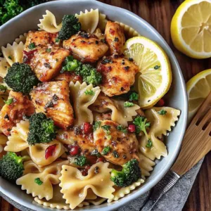 Close-up of bow-tie pasta mixed with herb-seasoned seared chicken and steamed broccoli in a white ceramic bowl.