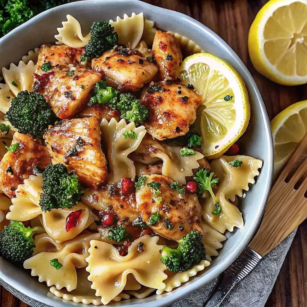 Close-up of bow-tie pasta mixed with herb-seasoned seared chicken and steamed broccoli in a white ceramic bowl.