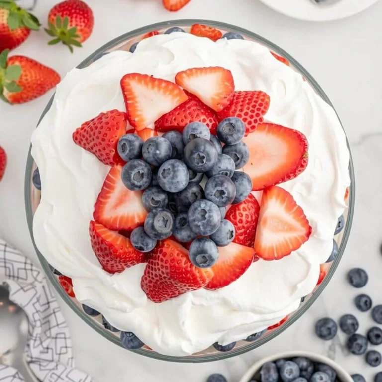Overhead view of a 4th of July berry trifle bowl showing a star pattern made of sliced strawberries and blueberries on whipped cream.