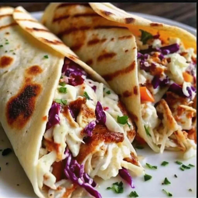 Close-up of two grilled BBQ chicken wraps filled with creamy slaw and shredded purple cabbage.
