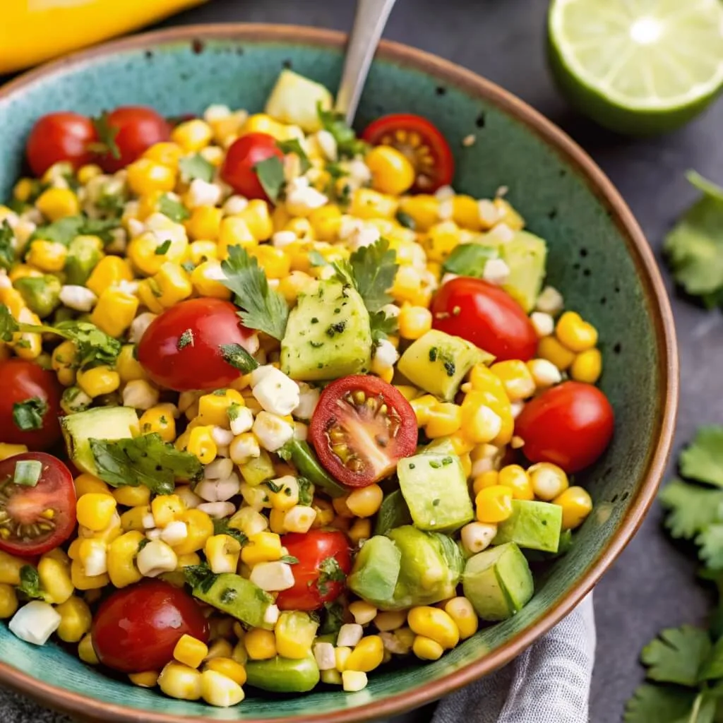 A turquoise ceramic bowl filled with a healthy corn and cucumber salad, garnished with cilantro and served with fresh lime.