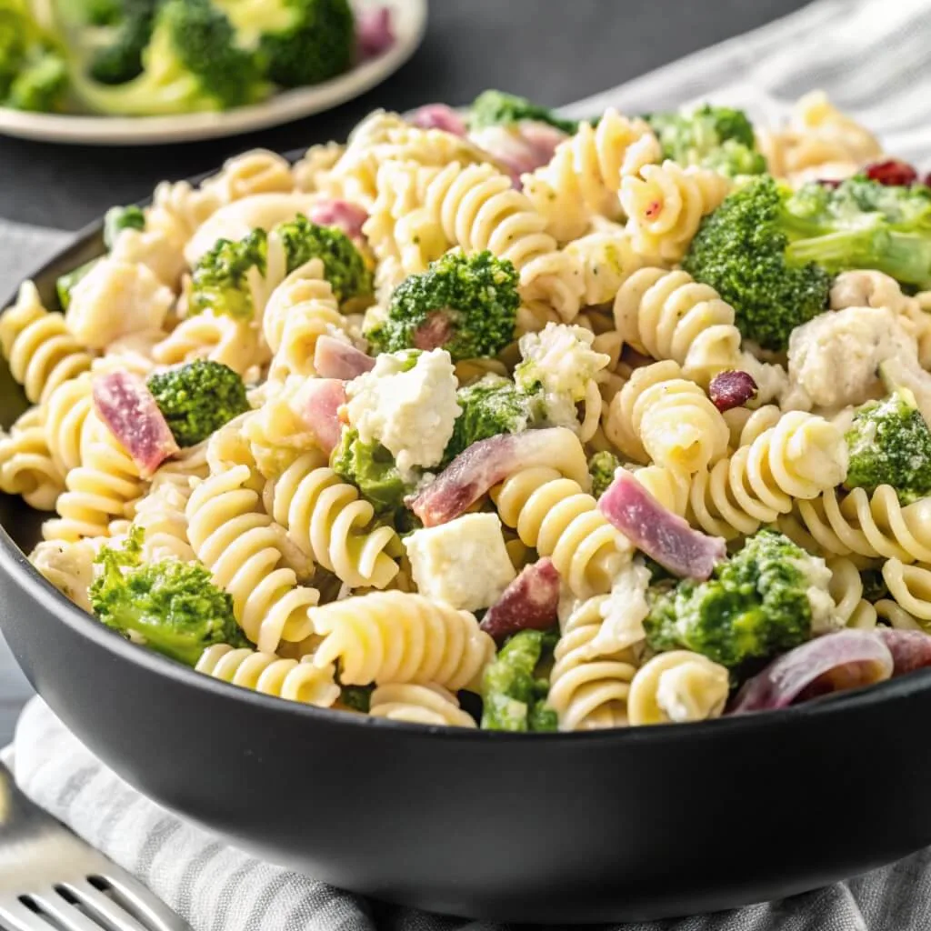 A close-up view of rotini pasta salad with chunks of feta cheese, red onion, and steamed broccoli in a black bowl.