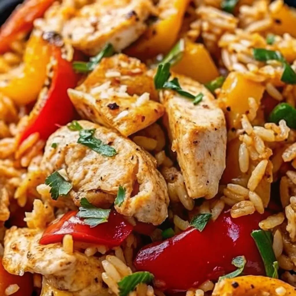 A close-up of seasoned grilled chicken strips mixed with red bell peppers and rice, garnished with fresh cilantro.