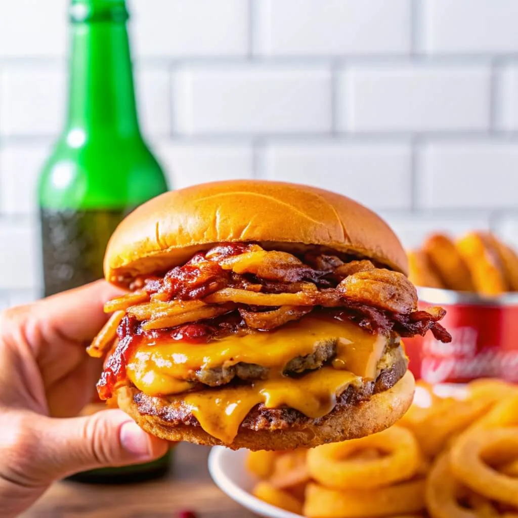 A hand holding a double cheeseburger topped with bacon, barbecue sauce, and onion rings against a white tile background.