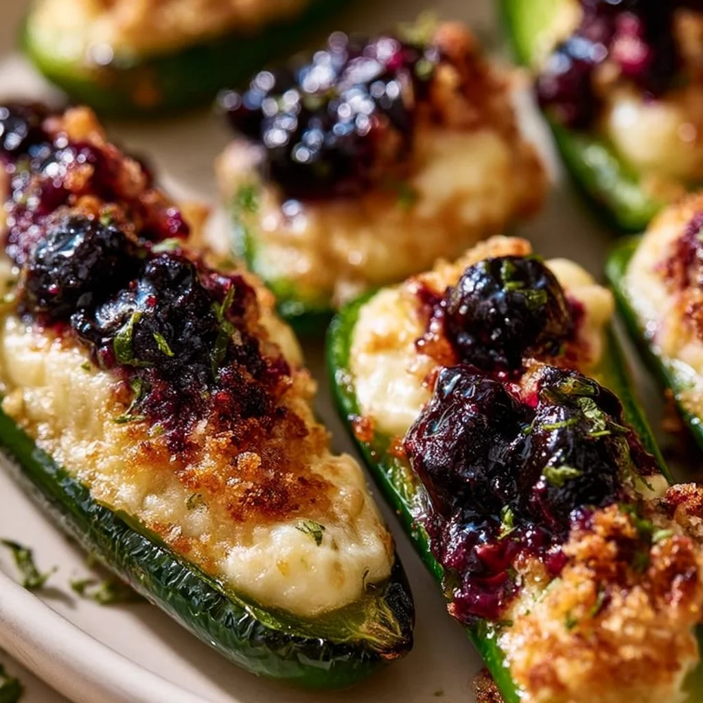 Blueberry brie jalapeno poppers served on a platter for a tasty appetizer.