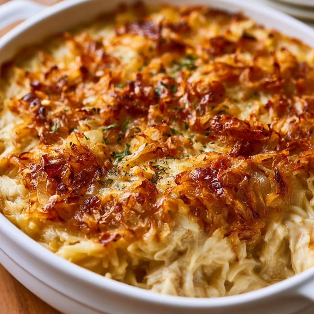 Casserole Chicken Orzo with French Onion served in a baking dish