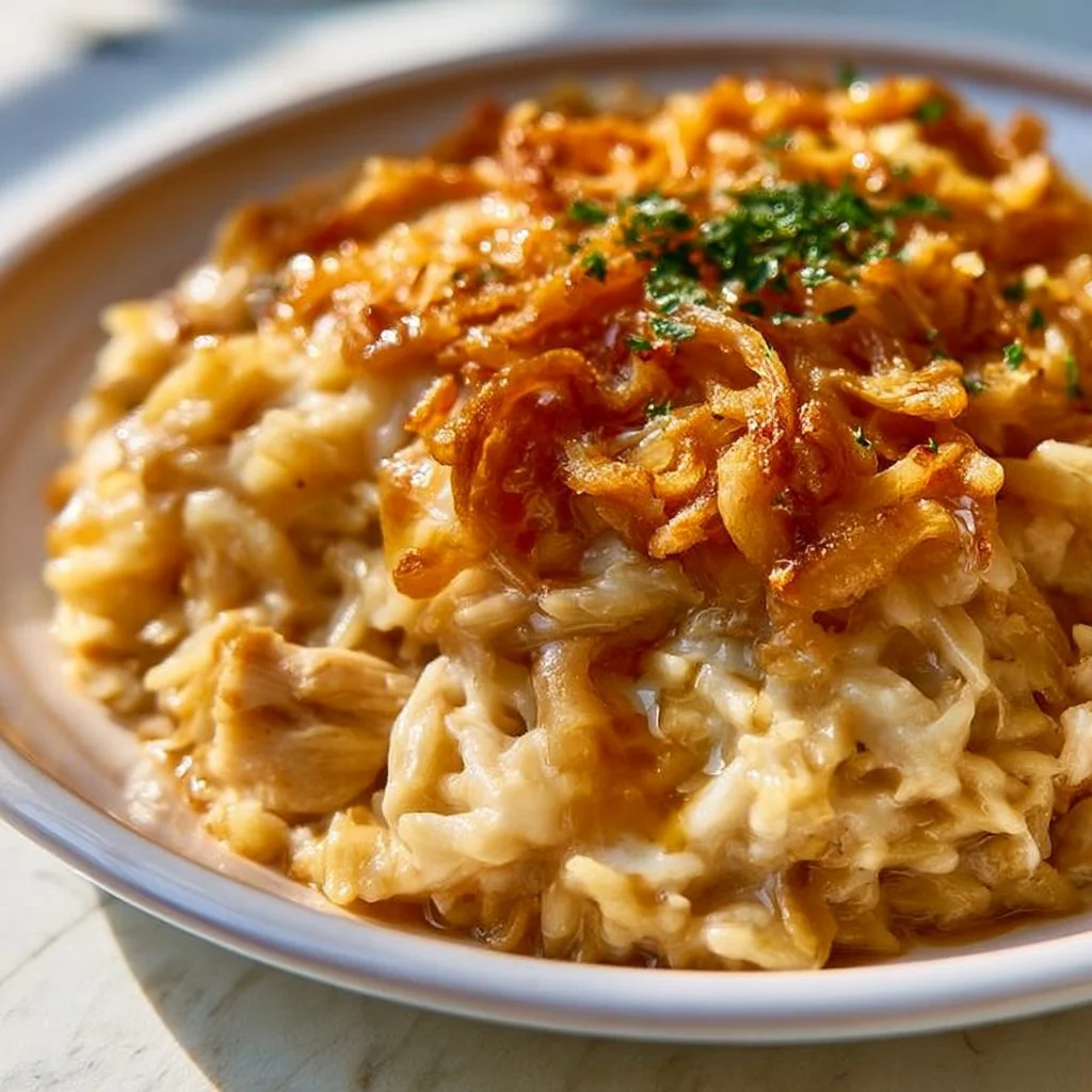 French Onion Chicken Orzo Casserole