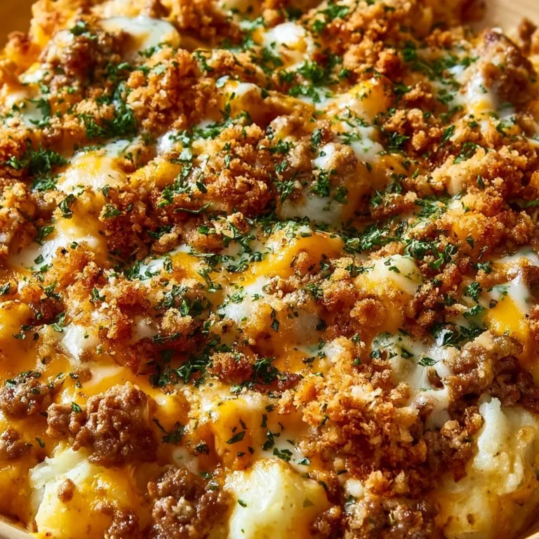 Hearty casserole with potatoes and ground beef baked to perfection