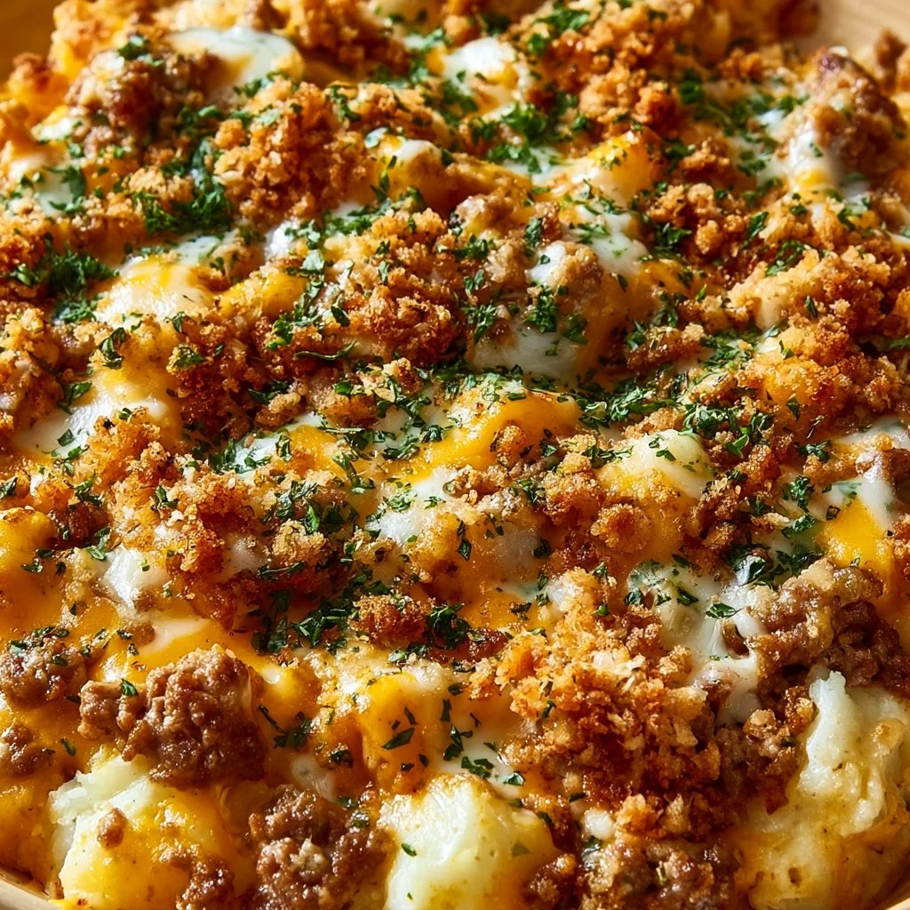 Hearty casserole with potatoes and ground beef baked to perfection