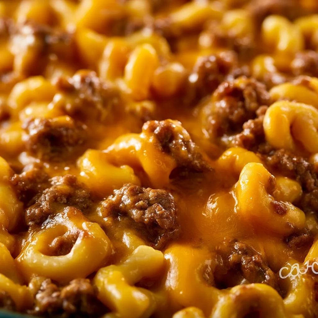 Cheeseburger casserole topped with melted cheese and garnished for a savory meal.
