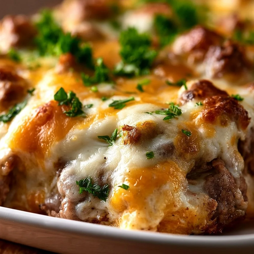 Delicious homemade cheesesteak casserole served in a baking dish