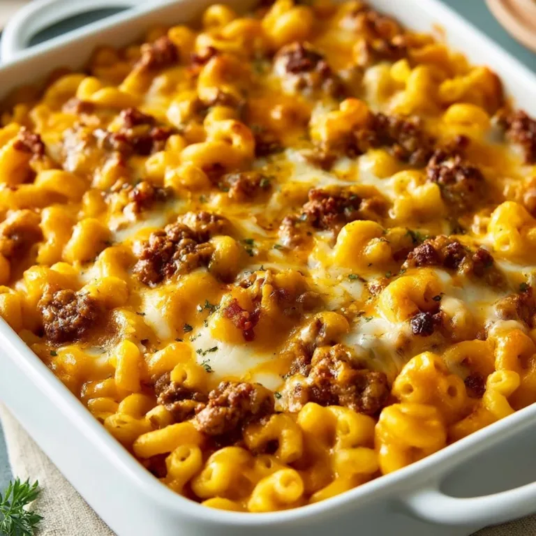 Cheesy Beef Macaroni Casserole topped with melted cheese in a baking dish