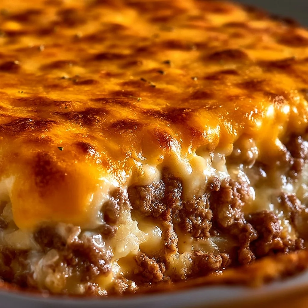 Cheesy hamburger hashbrown casserole served in a baking dish.