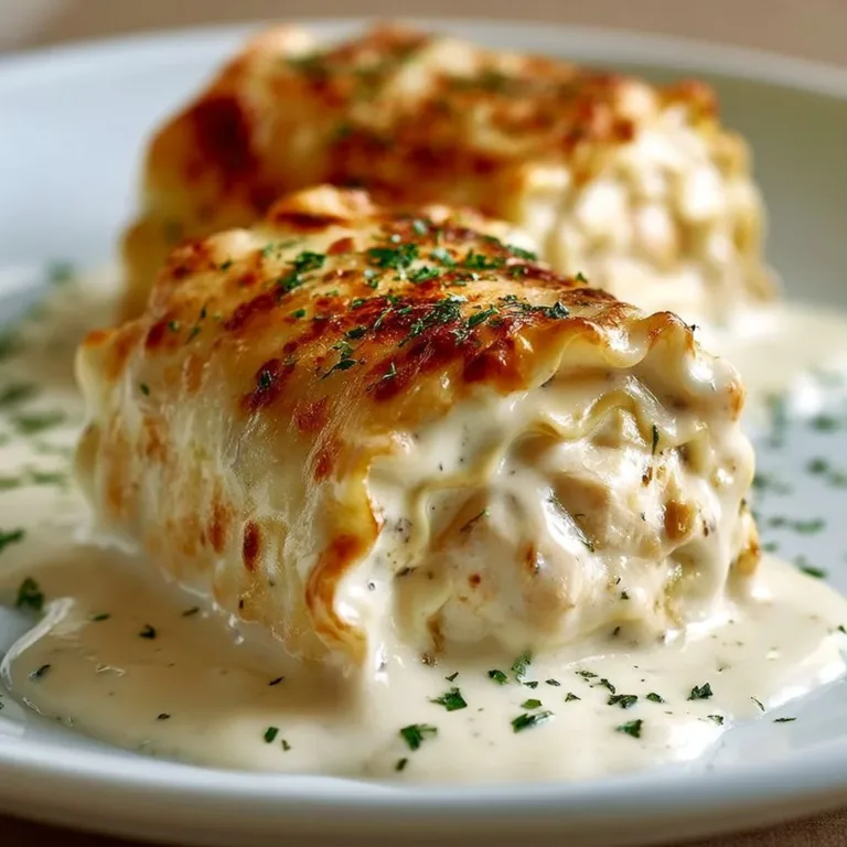 Delicious Chicken Lasagna Roll Ups served on a plate with herbs and cheese