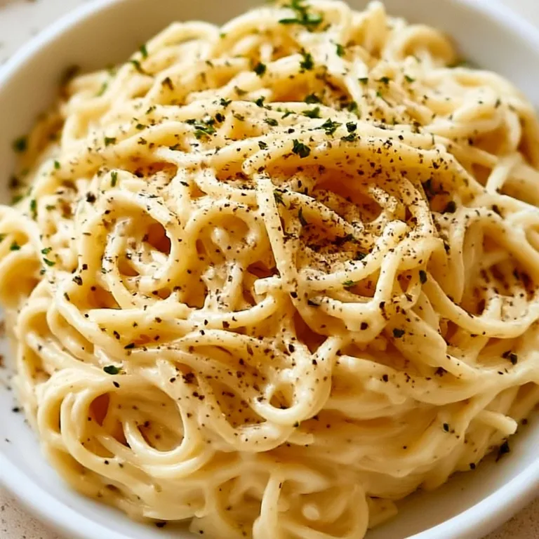Cream cheese spaghetti served in a bowl garnished with parsley and parmesan