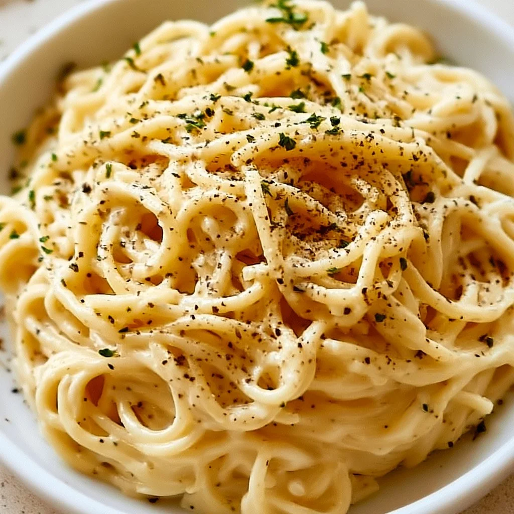 Cream cheese spaghetti served in a bowl garnished with parsley and parmesan
