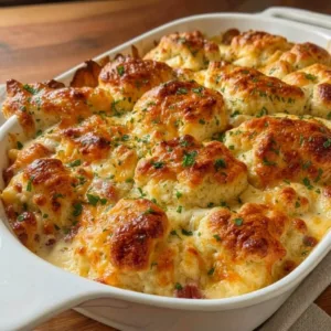 A white ceramic baking dish filled with an easy chicken bacon ranch bubble up casserole topped with golden brown biscuits and melted cheddar cheese.