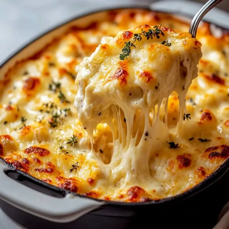 A metal spoon lifting a serving of easy cheesy baked gnocchi from a black casserole dish, displaying a rich cream sauce and long cheese pull.