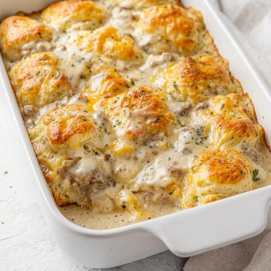 A large white ceramic baking dish filled with an easy biscuits and gravy casserole topped with golden-browned biscuits and a creamy pork sausage gravy.