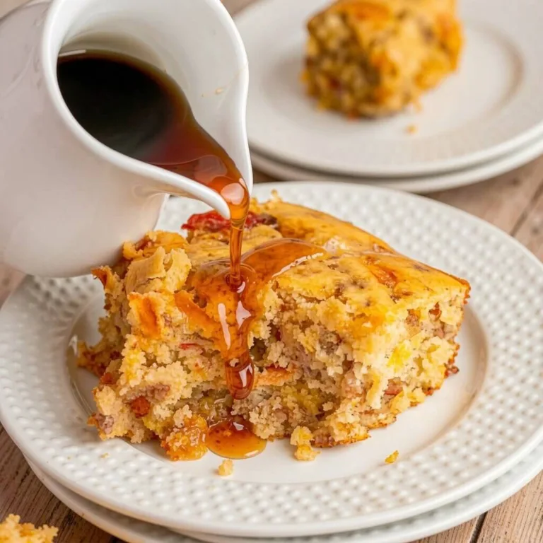 Maple syrup pouring from a white pitcher onto a single slice of an easy pancake breakfast casserole with baked sausage on a white plate.