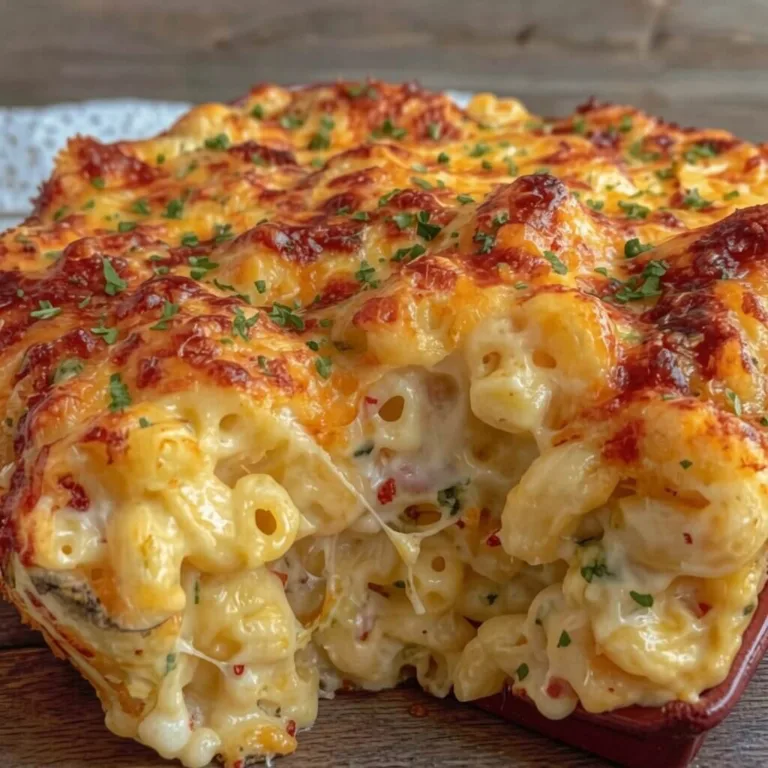 A close up side profile shot of easy southern baked mac and cheese showing a rich cheese sauce and stretchy melted mozzarella pull.