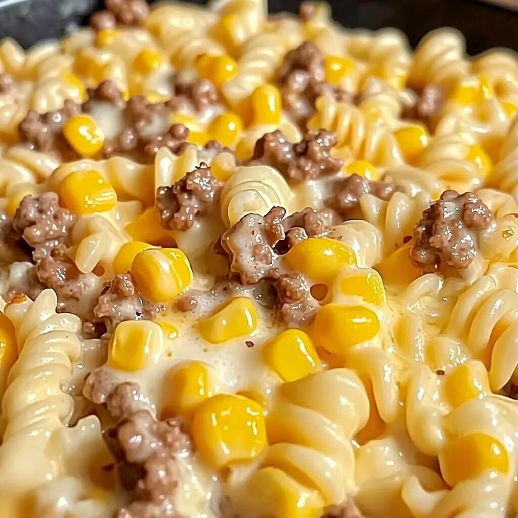 A macro close up shot of an easy cheeseburger pasta bake with rotini noodles, seasoned ground beef, sweet corn, and melted cheddar cheese sauce.