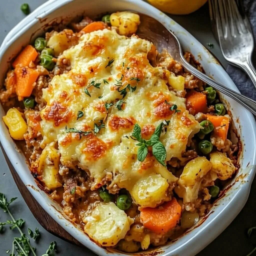 An oval white baking dish filled with an easy homemade shepherds pie topped with a layer of browned melted cheese, carrots, and peas.