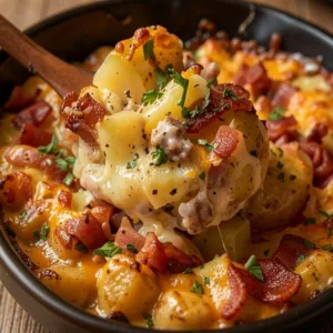 A wooden spoon lifting a generous scoop of easy loaded baked potato casserole with melted cheddar cheese, crispy bacon bits, and fresh herbs from a skillet.