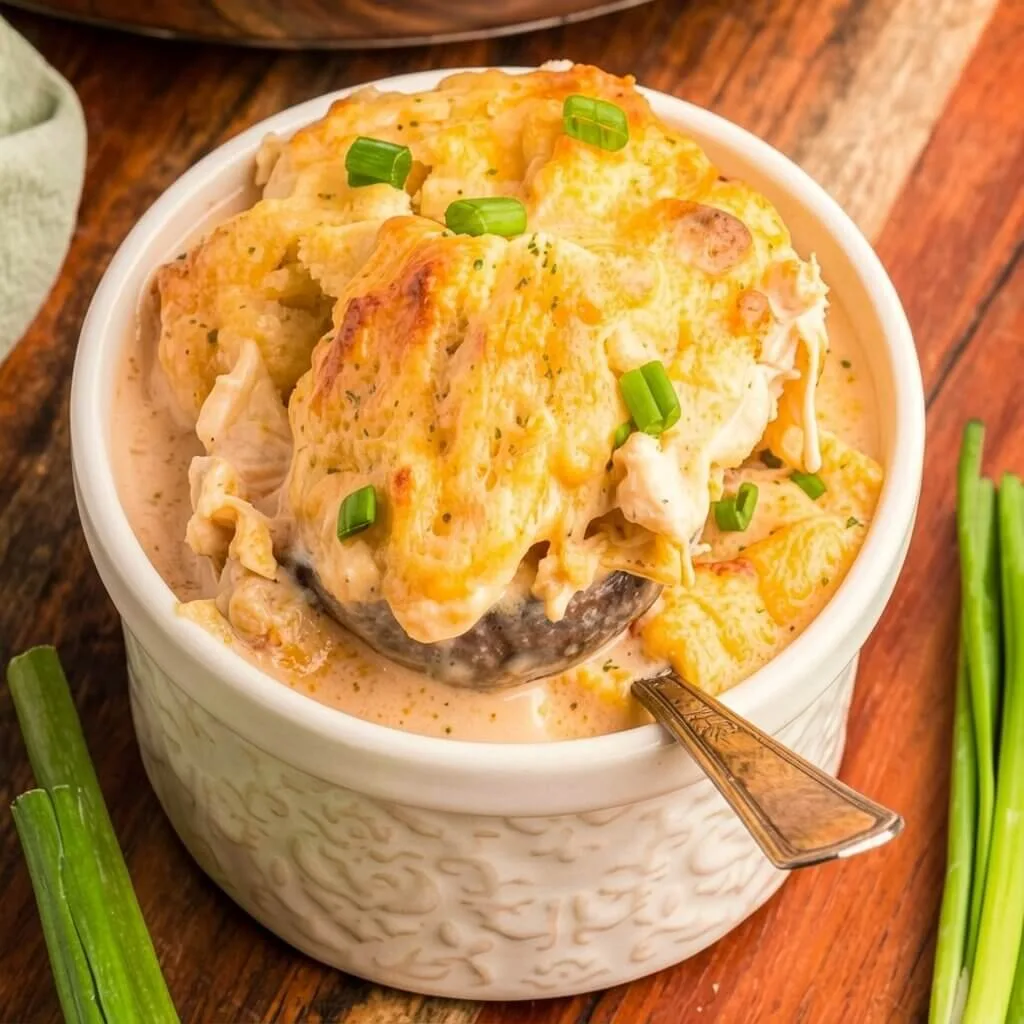 An individual ramekin filled with an easy chicken biscuit skillet casserole topped with a golden pull apart biscuit and green onions.