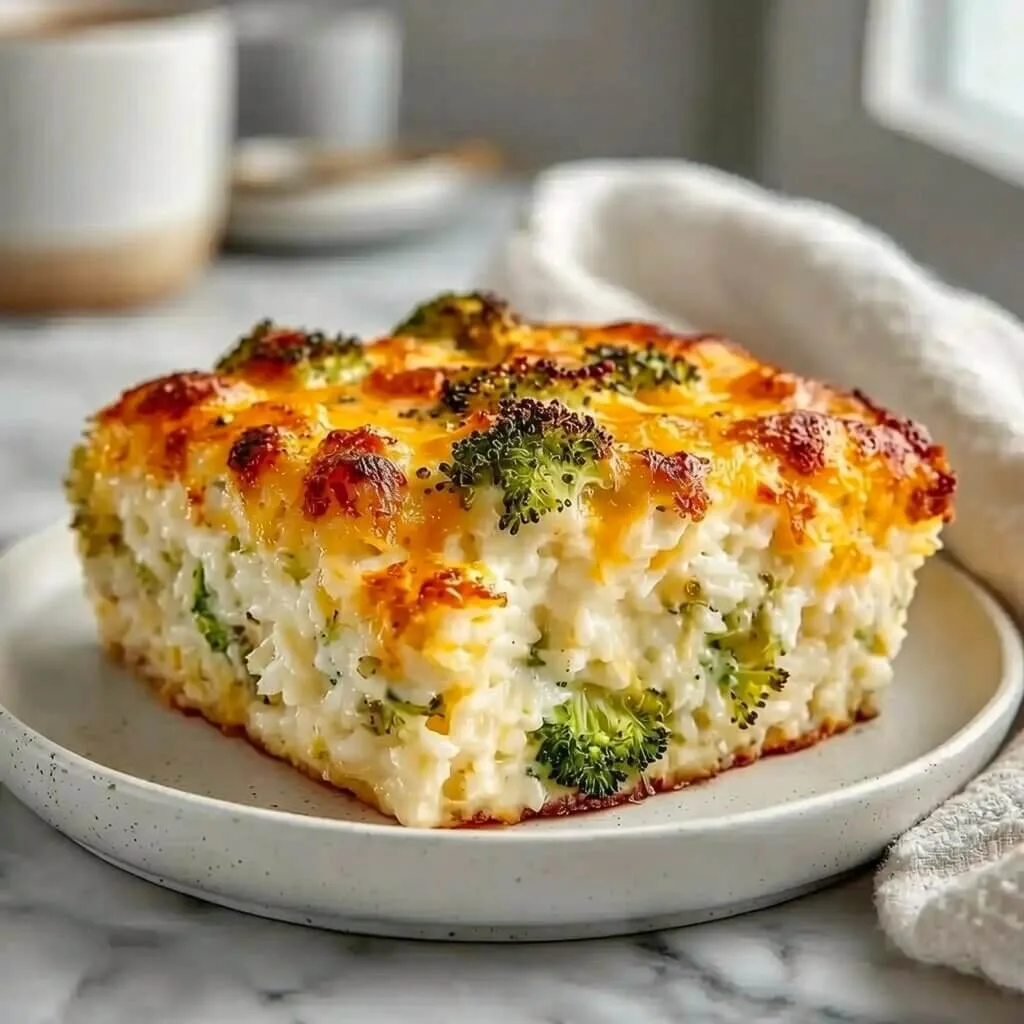 A single square serving of easy broccoli rice casserole on a white plate, featuring a bubbly golden cheddar cheese crust and tender broccoli florets.