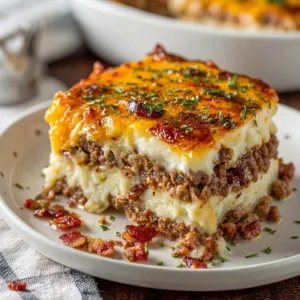 A close up plated square slice of an easy bacon cheeseburger shepherds pie with layers of seasoned ground beef, fluffy mashed potatoes, melted cheddar cheese, and crispy bacon.