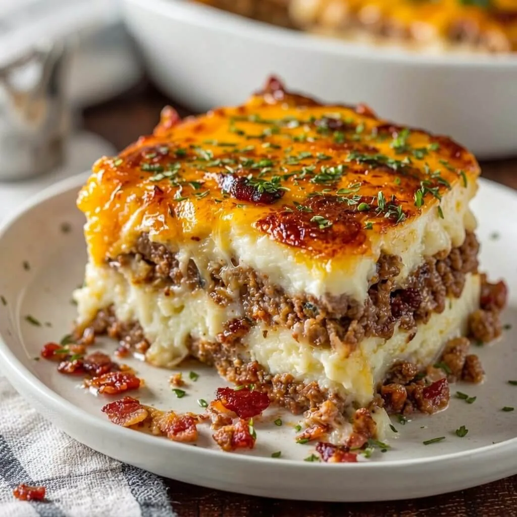 A close up plated square slice of an easy bacon cheeseburger shepherds pie with layers of seasoned ground beef, fluffy mashed potatoes, melted cheddar cheese, and crispy bacon.