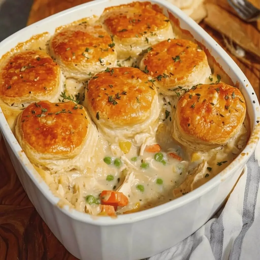 An angled close up shot of an easy chicken pot pie with biscuits in a white square baking dish, showing golden flaky biscuit tops, chicken chunks, peas, and carrots.