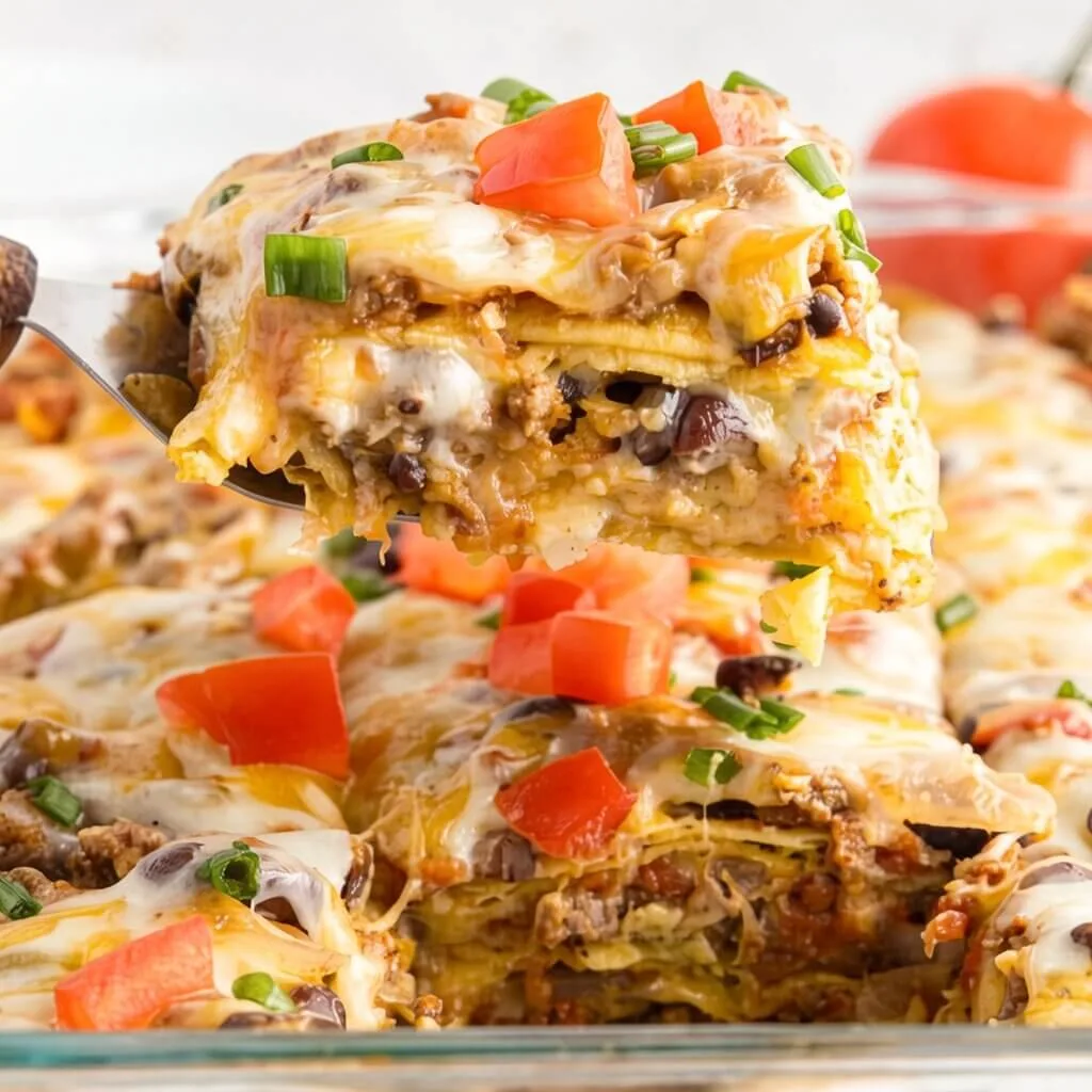 A metal spatula lifting a slice of easy Mexican lasagna from a glass baking dish, showing layers of tortillas, ground beef, black beans, and melted cheese.