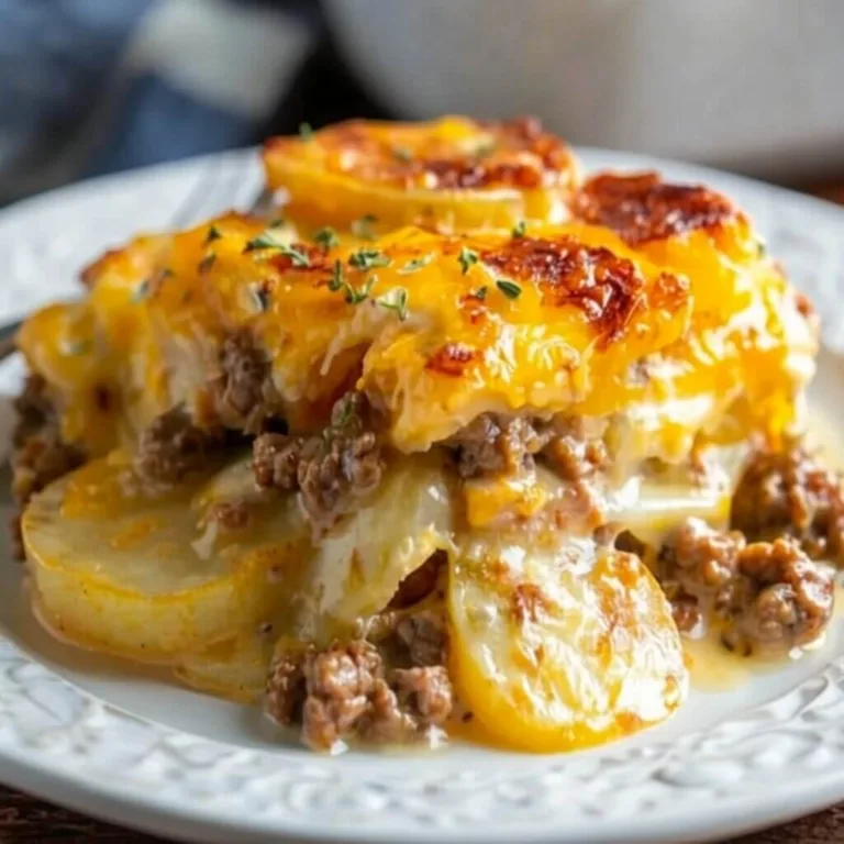 A close up individual serving of an easy ground beef potato casserole layered with tender sliced potatoes, seasoned meat, and melted cheddar cheese.