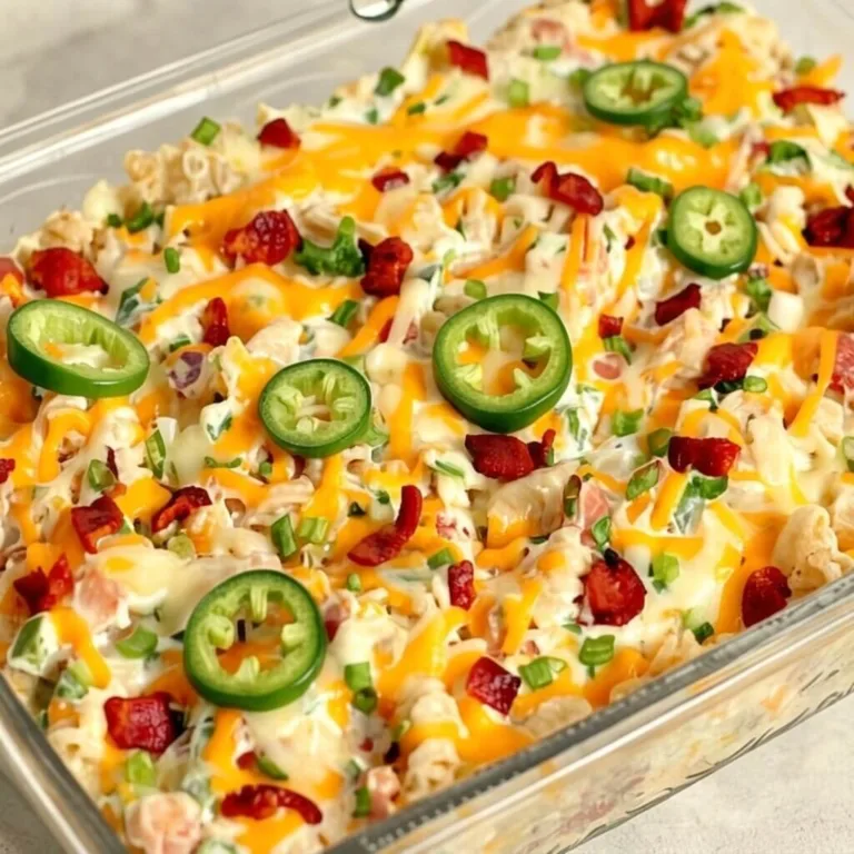 An easy jalapeno popper chicken pasta casserole in a clear glass baking dish, topped with melted cheddar, bacon bits, and sliced fresh jalapenos.