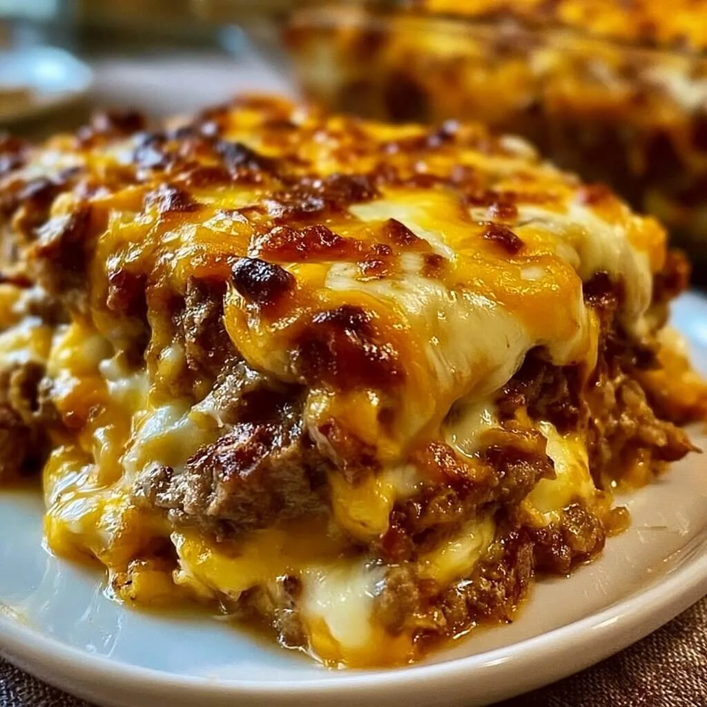 A close up plated serving of an easy low carb lasagna bake with layers of seasoned ground beef, melted mozzarella, and a bubbly cheddar cheese crust.