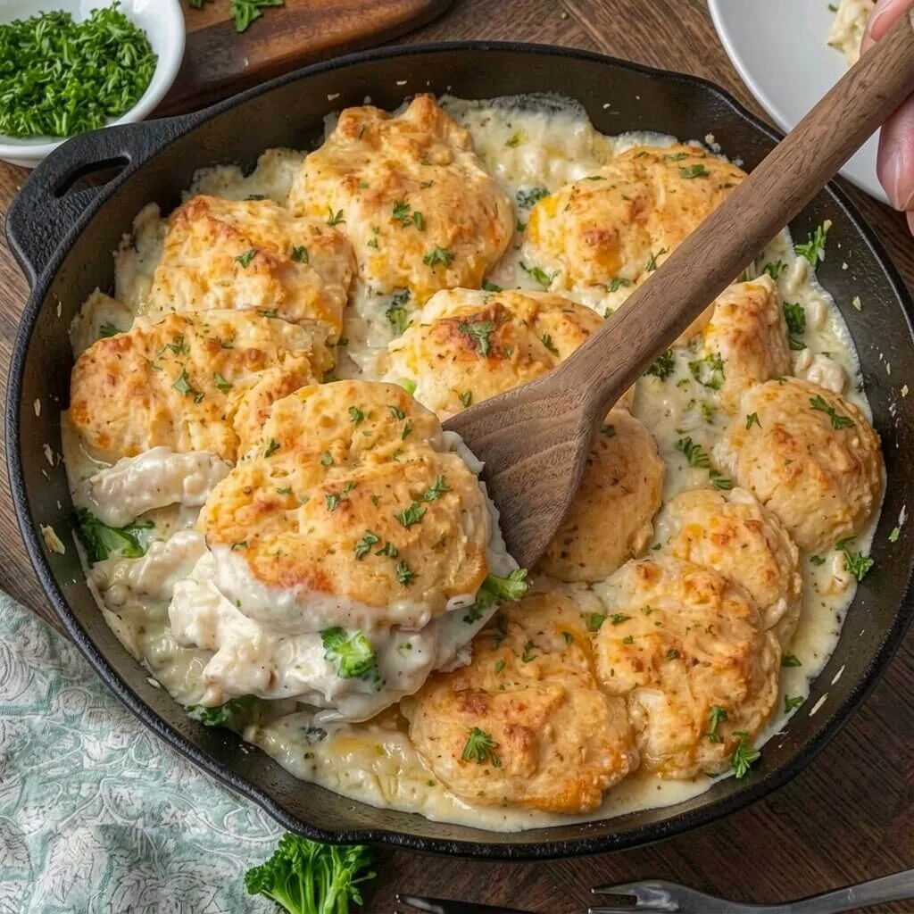 A wooden spoon lifting a golden-brown biscuit from a cast iron skillet filled with an easy chicken broccoli biscuit casserole in a creamy sauce.